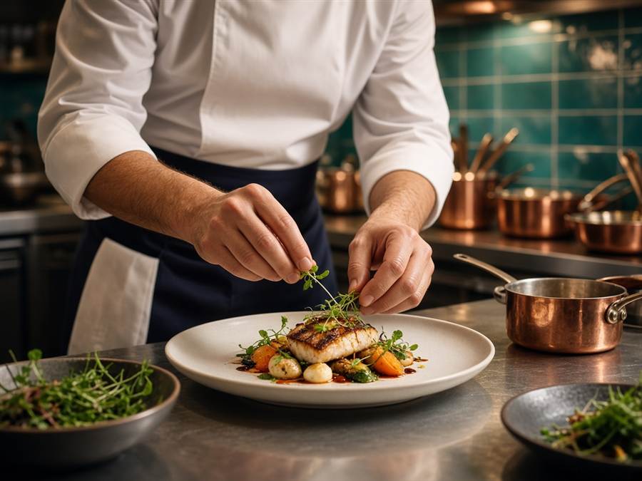 Chef plating a refined dish in the BotelDining kitchen